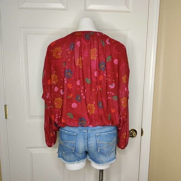 Free People Wildflower Honey Floral Stretch Mesh Blouson Ruffle Top S - Picture 11 of 13